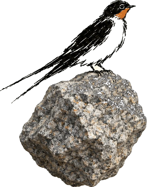 Revi, la inteligencia artificial de Revisit, dibujada como una golondrina sobre una piedra