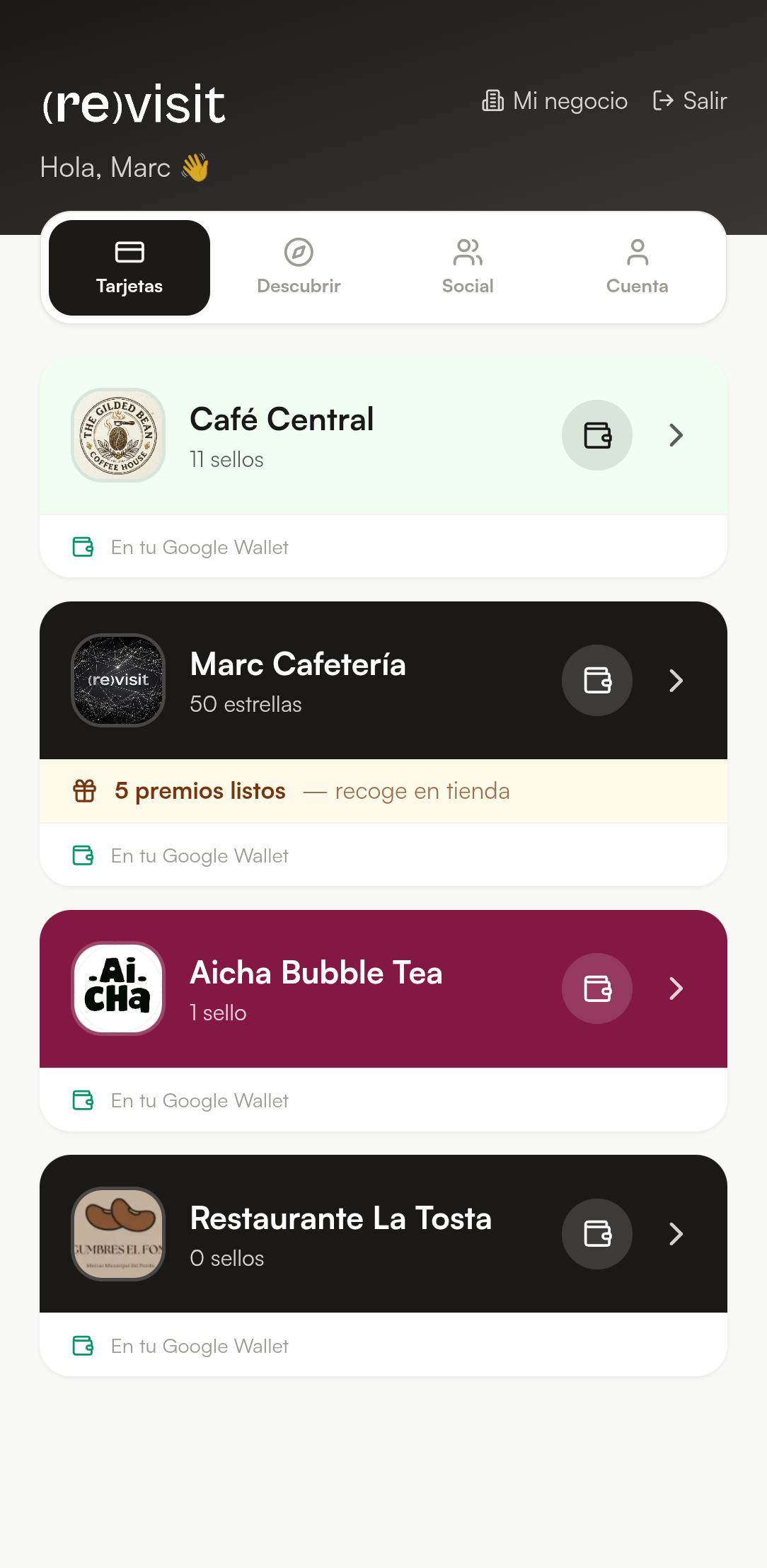 App de Revisit con las tarjetas de fidelización de varios negocios
